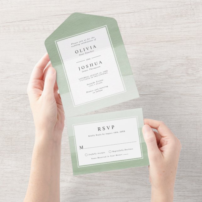Modern Watercolor Sage Green Ombre Border Wedding All In One Invitation (Tearaway)