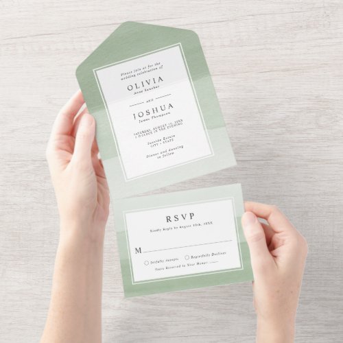 Modern Watercolor Sage Green Ombre Border Wedding All In One Invitation