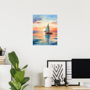 Modern Watercolor Sailboat Colorful Sunset Poster