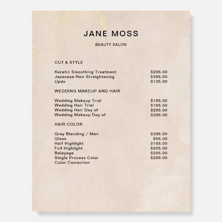 Modern Watercolor Salon Price List Boards Zazzle