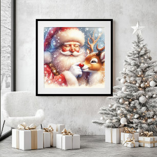 Modern Watercolor Santa Rudolph Christmas Wall Art