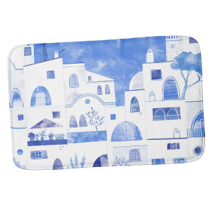 Modern Watercolor Santorini Greek Island Bath Mat