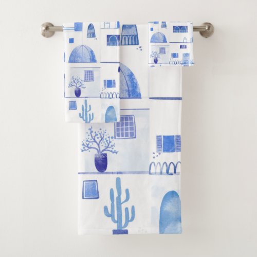 Modern Watercolor Santorini Greek Island Bath Towel Set