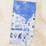 Modern Watercolor Santorini Greek Island Beach Towel<br><div class="desc">A blue and white watercolor painting of the village of Oia on the Greek island of Santorini.</div>
