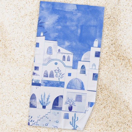 Modern Watercolor Santorini Greek Island Beach Towel