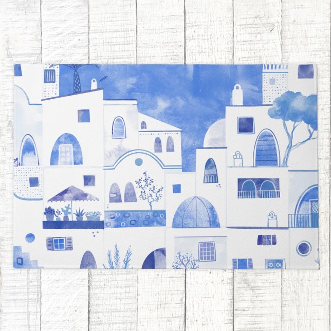 Modern Watercolor Santorini Greek Island Doormat (Santorini Greece blue and white watercolor art doormat)