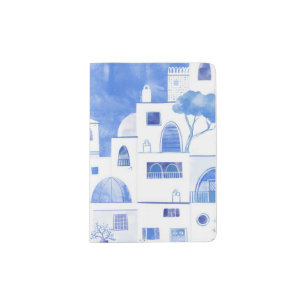 Modern Watercolor Santorini Greek Island Passport Holder