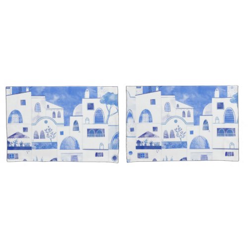 Modern Watercolor Santorini Greek Island Pillow Case