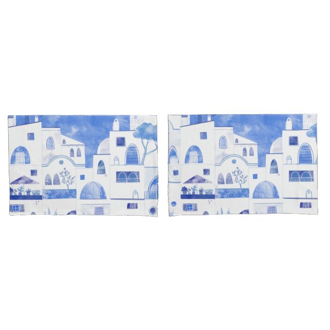 Modern Watercolor Santorini Greek Island Pillow Case (Front-Set)