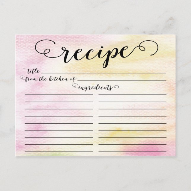 Modern Watercolor Script Bridal Shower Recipe Card (Front)