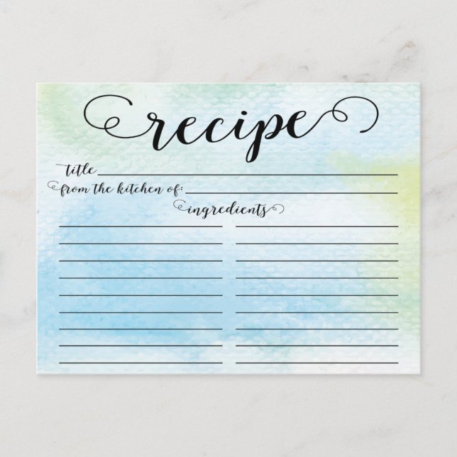 Modern Watercolor Script Bridal Shower Recipe Card (Front)