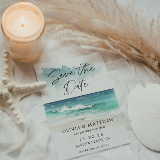 Modern Watercolor Script Ocean Beach QR code Save The Date