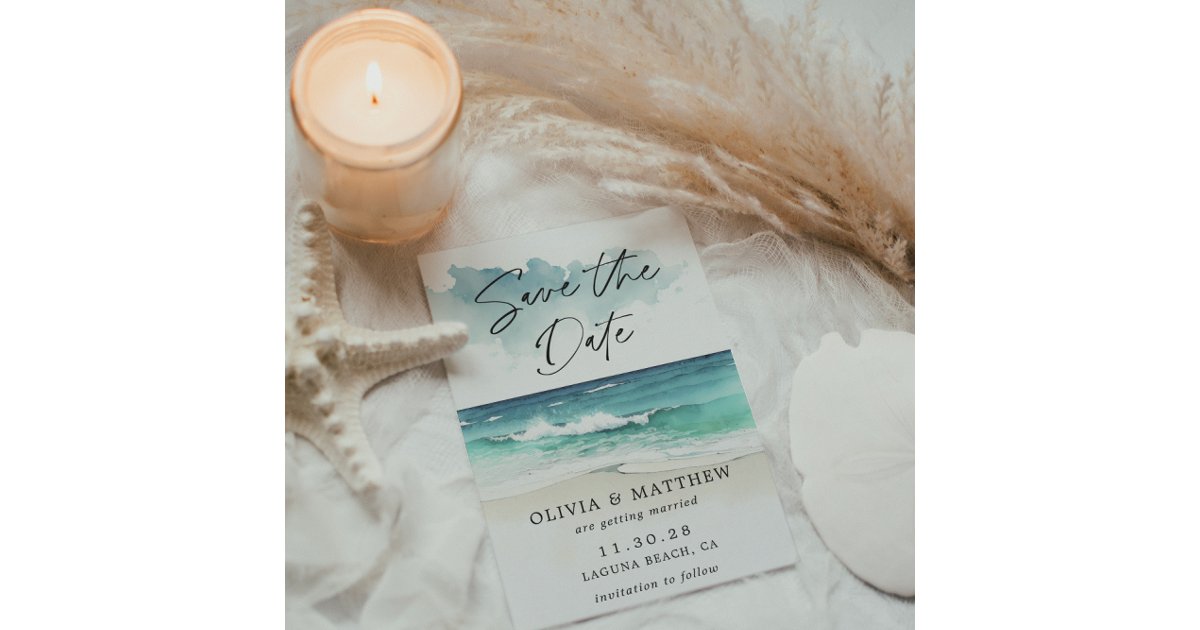 Modern Watercolor Script Ocean Beach QR code Save The Date | Zazzle