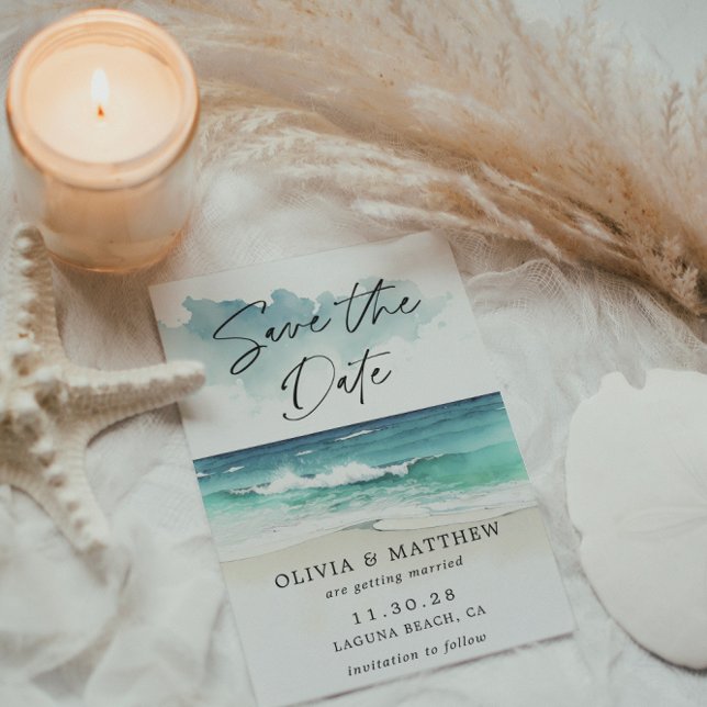 Modern Watercolor Script Ocean Beach QR code  Save The Date (Creator Uploaded)