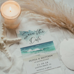 Modern Watercolor Script Ocean Beach QR code  Save The Date
