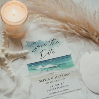 Modern Watercolor Script Ocean Beach QR code Save The Date