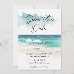 Modern Watercolor Script Ocean Beach QR code Save The Date | Zazzle
