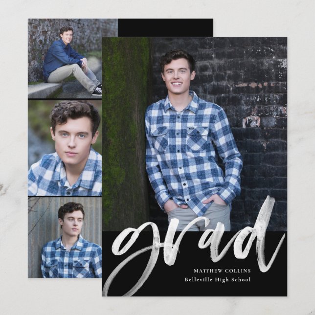 Modern Watercolor Script Photo Boy Graduation Announcement (Front/Back)