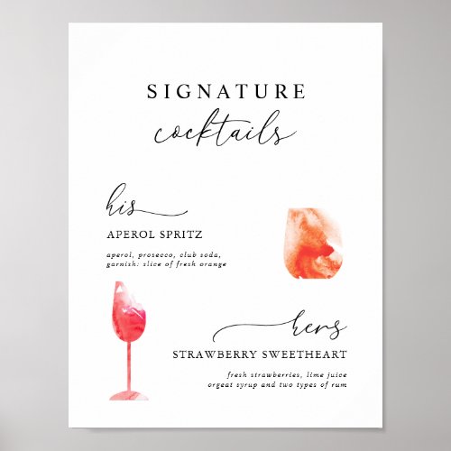 Modern Watercolor Signature Drinks Wedding Menu Poster
