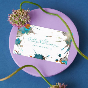 Modern watercolor silver turquoise splatter script business card