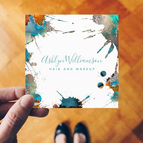 Modern watercolor silver turquoise splatter script square business card