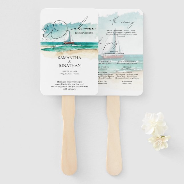 Modern watercolor simple blue ocean cruise wedding hand fan (Front and Back)