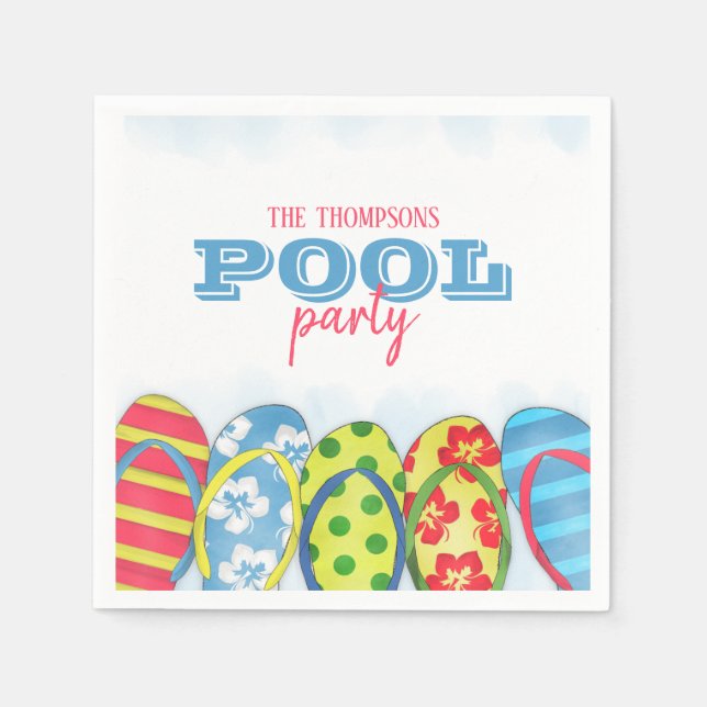 Modern Watercolor Simple Pool Party Flip Flops Napkins (Front)