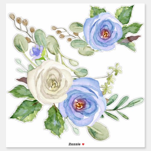 Modern Watercolor Sky Blue n White Rose Floral Sticker
