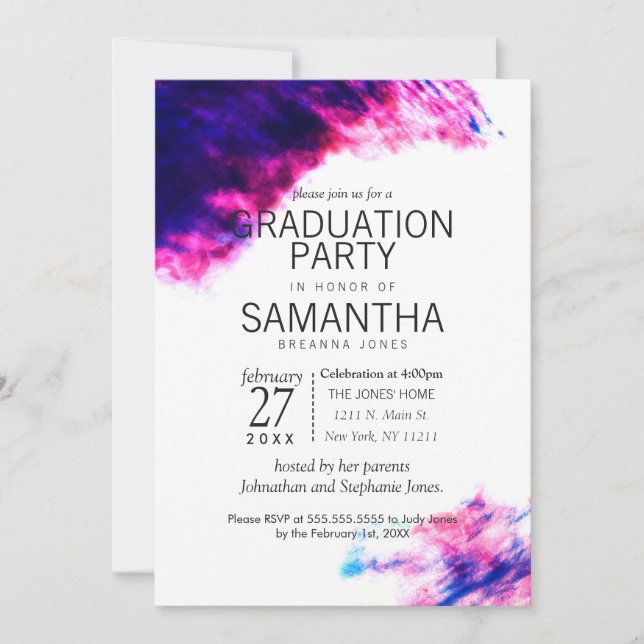 Modern Watercolor Smudges Graduation Party Invites (Front)