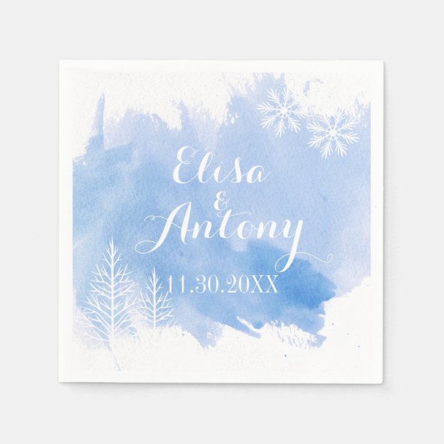Modern watercolor splash blue winter wedding napkins (Front)
