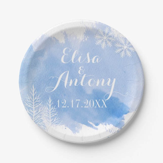 Modern watercolor splash blue winter wedding paper plates (Front)