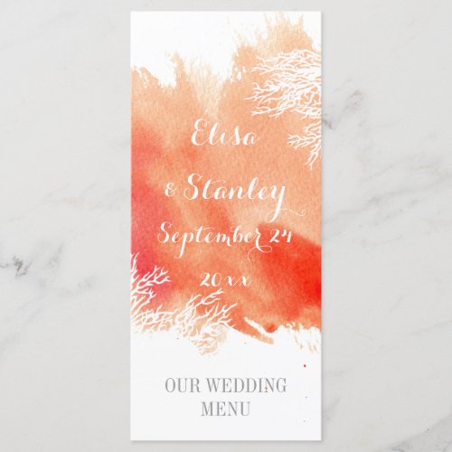 Modern watercolor splash coral reef wedding menu