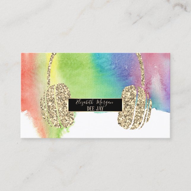 Modern Watercolor Splash, Glitter Headphone DJ Business Card (Front)