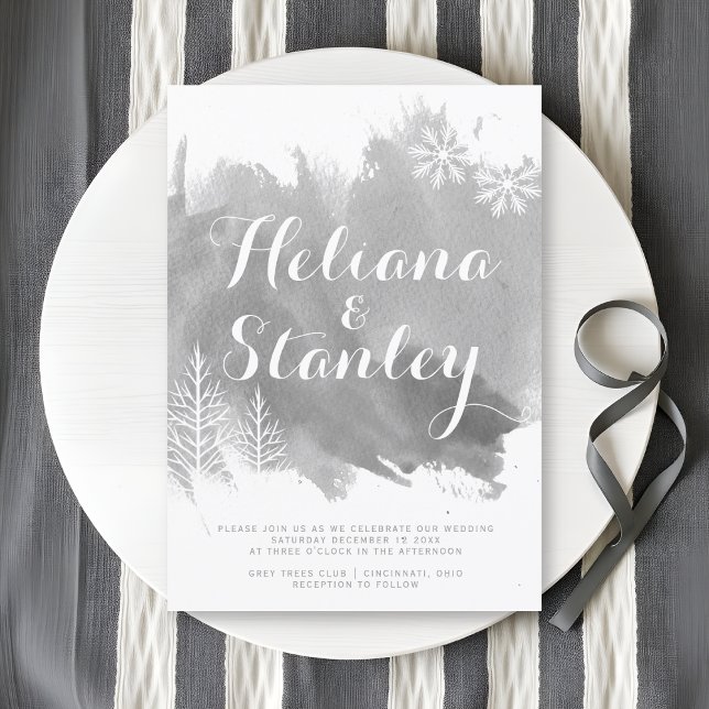 Modern watercolor splash grey winter wedding invitation (Creator Uploaded)