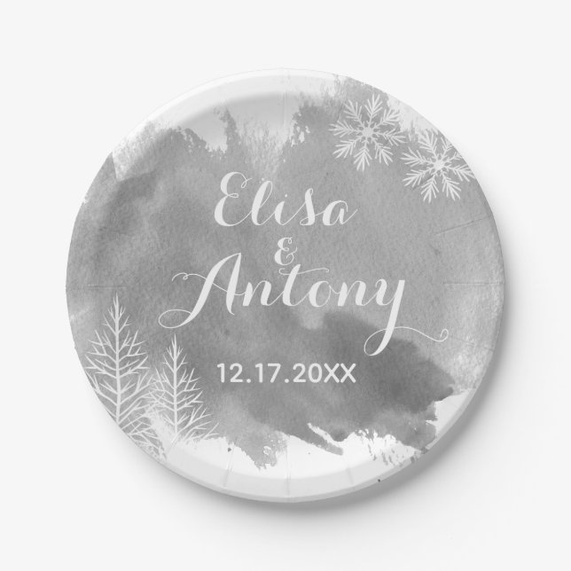 Modern watercolor splash grey winter wedding paper plates (Front)