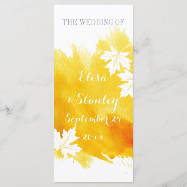 Modern watercolor splash yellow wedding program (Front)