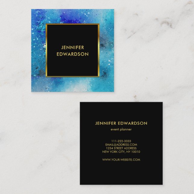 Modern watercolor splatter professional black gold square business card (Front/Back)