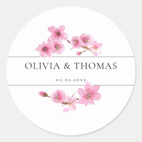 Modern Watercolor Spring Cherry Blossom Wedding Classic Round Sticker