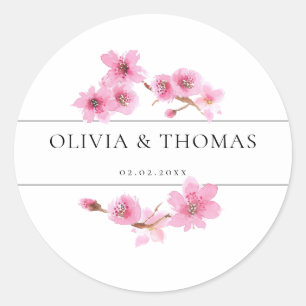 Modern Watercolor Spring Cherry Blossom Wedding Classic Round Sticker