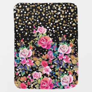 Modern watercolor spring floral and gold dots baby blanket