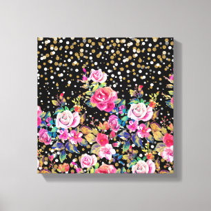 Modern watercolor spring floral and gold dots canvas print