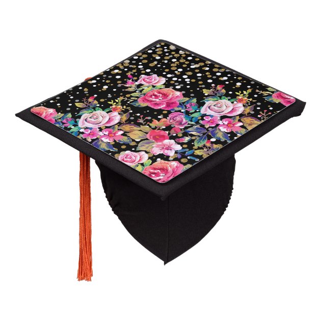 Modern Watercolor Spring Floral And Gold Dots Graduation Cap Topper