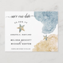 Modern Watercolor Starfish Coastal Save Our Date Announcement Postcard