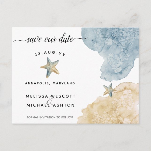 Modern Watercolor Starfish Coastal Save Our Date Announcement Postcard (Front)