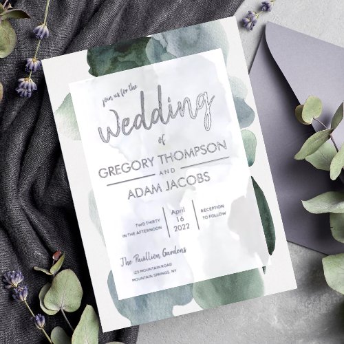 Modern Watercolor Steel Grey Blue Green Wedding Foil Invitation