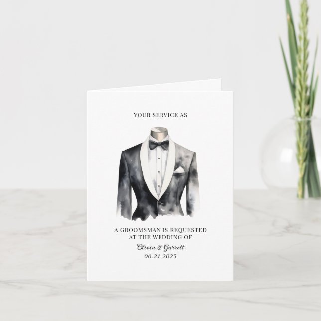 Modern Watercolor Suit Groomsman Proposal Announcement (Front)