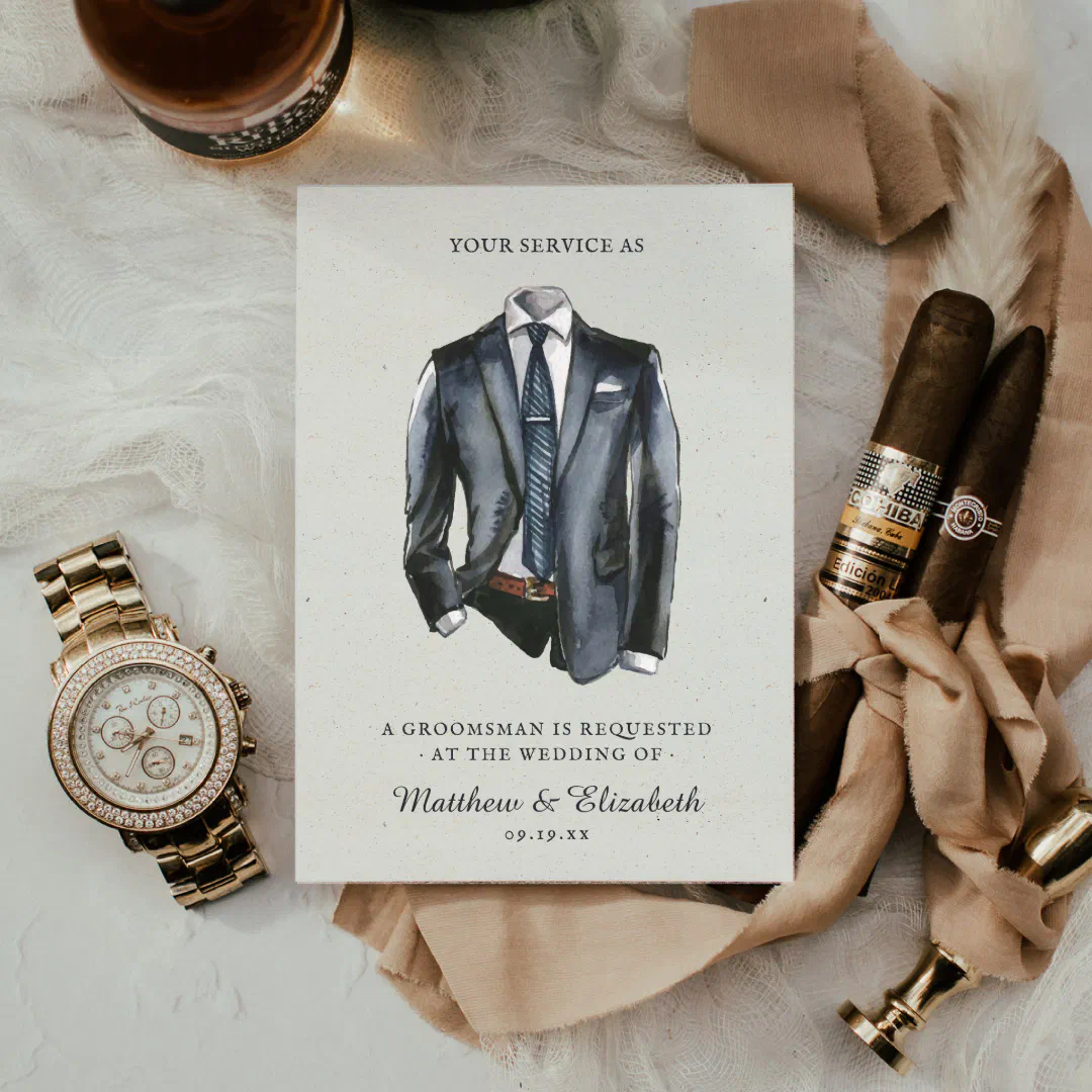 Custom groomsman proposal invitation featuring modern watercolor suit illustration sitting with cigars and a watch.