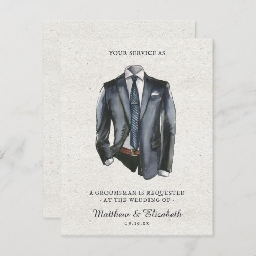 Modern Watercolor Suit Groomsman Proposal Request Note Card