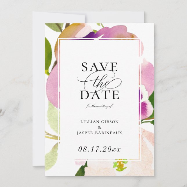Modern Watercolor Summer Floral Save the Date Announcement (Front)