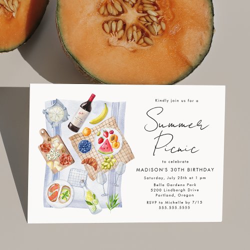 Modern Watercolor Summer Picnic Birthday Party Invitation